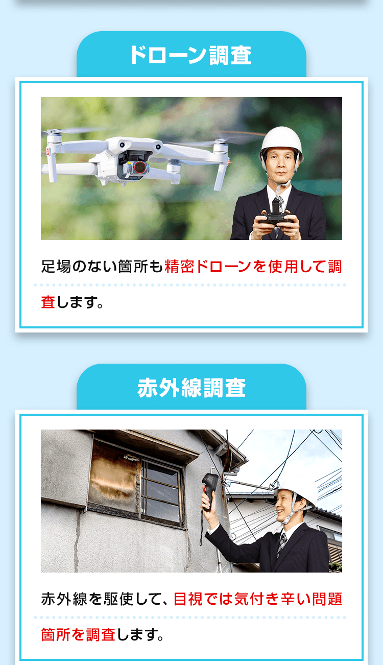 目視調査、ドローン調査、赤外線調査、散水調査