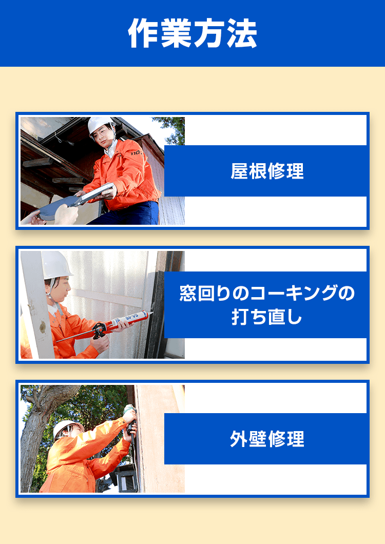 作業方法　屋根修理、窓回りコーキングの打ち直し、外壁修理